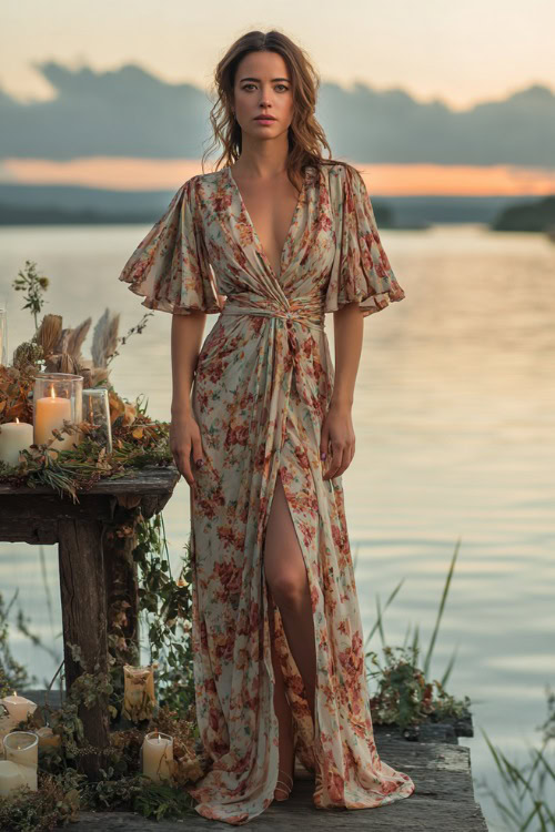 Elegant woman in a wrap-style chiffon maxi dress with flutter sleeves and a floral print, posing next to a decorated wooden altar by a lake, full body visible