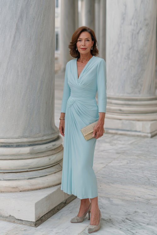 Elegant woman over 50 in a modest long-sleeve wrap dress with floral details, pastel blue color, small clutch bag, and classic pointed heels 