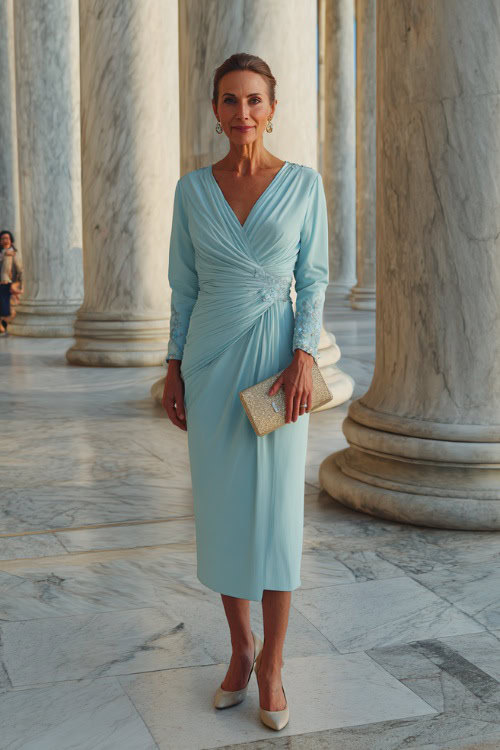 Elegant woman over 50 in a modest long-sleeve wrap dress with floral details, pastel blue color, small clutch bag, and classic pointed heels
