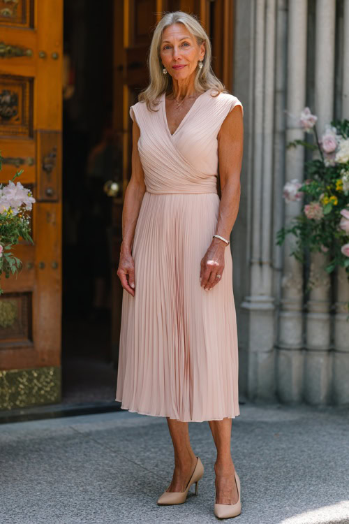 Elegant woman over 50 in a pleated midi dress with cap sleeves, soft blush color, pearl earrings, and beige classic pumps 