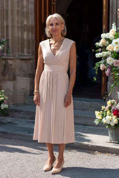 Elegant woman over 50 in a pleated midi dress with cap sleeves, soft blush color, pearl earrings, and beige classic pumps 