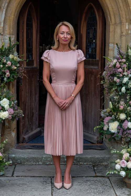 Elegant woman over 50 in a pleated midi dress with cap sleeves, soft blush color, pearl earrings, and beige classic pumps, standing outside a historic church with large doors and floral arrangements