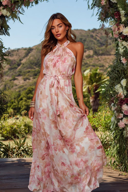Elegant woman wearing a flowy high-neck maxi wedding guest dress with soft pink floral details, delicate bracelet, and open sandals 