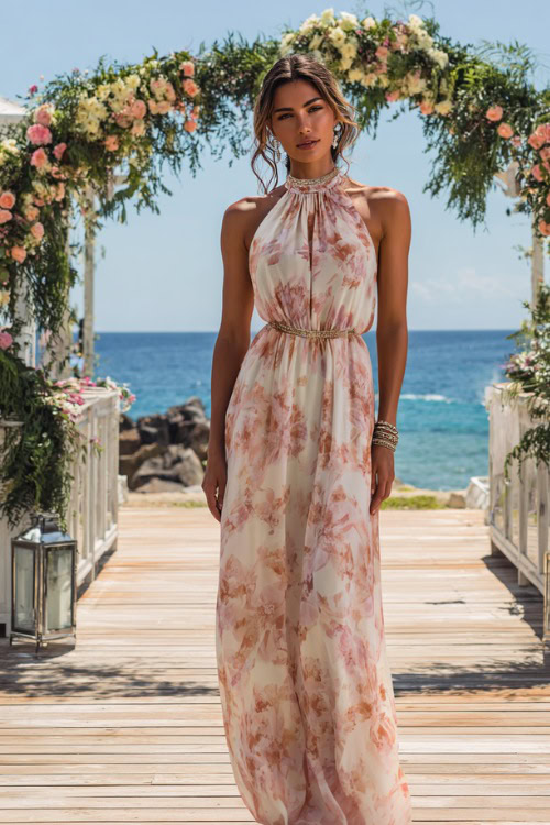 Elegant woman wearing a flowy high-neck maxi wedding guest dress with soft pink floral details, delicate bracelet, and open sandals