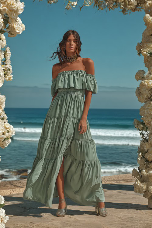 Elegant woman wearing a flowy off-the-shoulder maxi dress with tiered layers, soft green color, metallic sandals 
