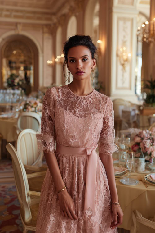Elegant woman wearing a midi blush pink lace overlay dress with sheer sleeves and a satin sash, standing in a soft-lit wedding reception room with classical decor