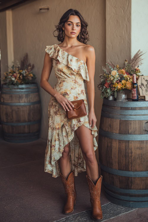 Elegant woman wearing a ruffled one-shoulder floral print dress with a slit, styled with caramel brown cowboy boots and a small clutch bag