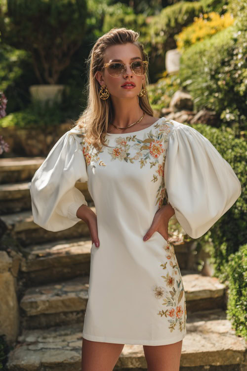 Elegant woman wearing a short white dress with oversized sleeves and embroidered floral appliqué, styled with gold accessories, standing at a garden wedding brunch