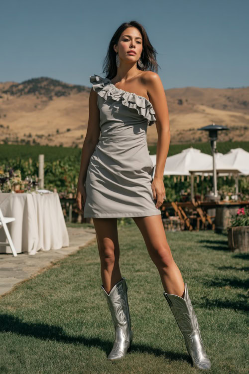 Fashion-forward woman in a fitted one-shoulder wedding guest dress with ruffle trim, paired with metallic silver cowboy boots