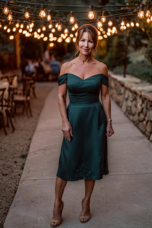 Fashionable woman over 50 wearing an off-the-shoulder midi-length wedding guest dress in dark green, subtle floral embroidery, and slingback heels 