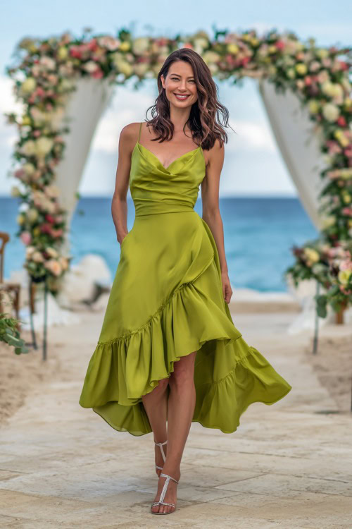 Full body of a confident woman wearing a vibrant green fit-and-flare sleeveless wedding guest dress with ruffled hem, metallic sandals, posing near a beachside ceremony with floral arches 