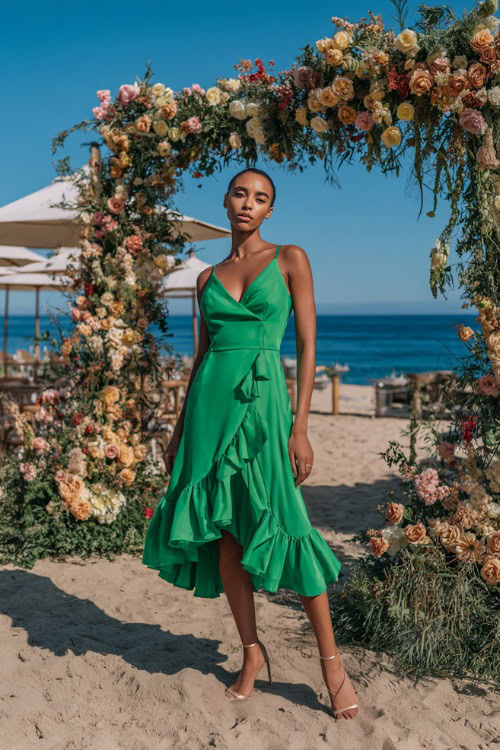Full body of a confident woman wearing a vibrant green fit-and-flare sleeveless wedding guest dress with ruffled hem, metallic sandals, posing near a beachside ceremony with floral arches 