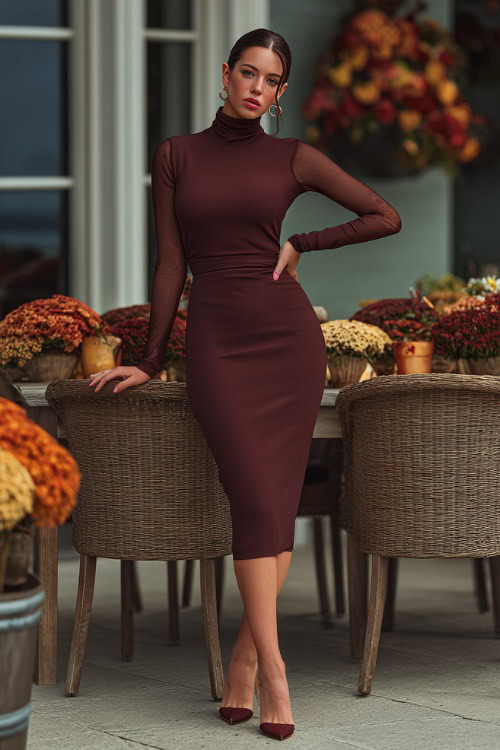 Full body of a fashionable woman in a maroon high-neck midi dress with sheer long sleeves and pointed heels, posing on a patio with harvest floral arrangements 