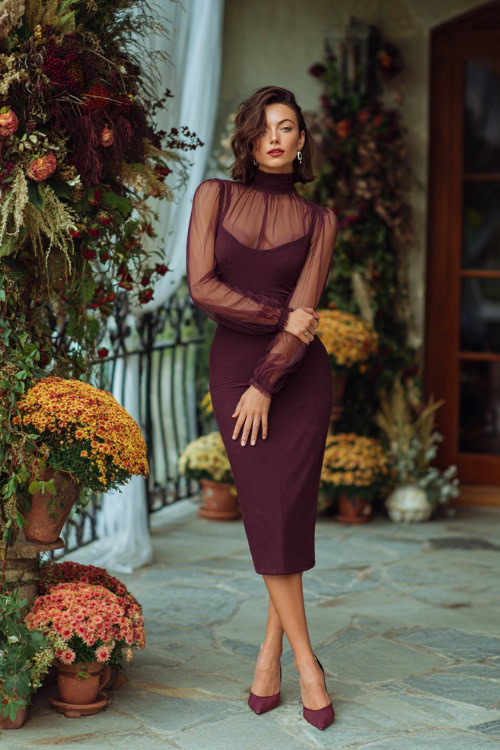 Full body of a fashionable woman in a maroon high-neck midi dress with sheer long sleeves and pointed heels, posing on a patio with harvest floral arrangements