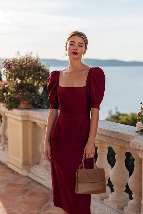 Full body of a fashionable woman in a modest deep red midi dress with square neckline, fitted waist, and puff sleeves, holding a structured handbag