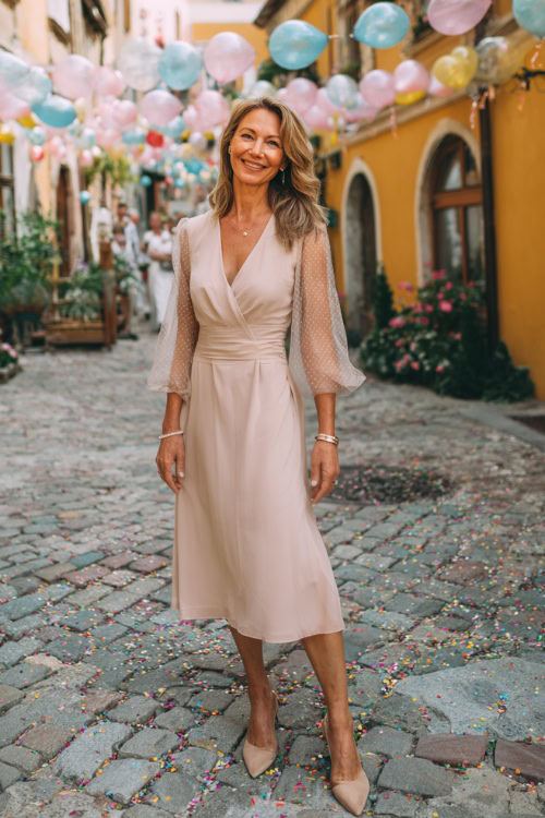 Full body of a fashionable woman over 50 in a V-neck midi dress with sheer sleeves, soft pastel color, delicate bracelet, and kitten heels
