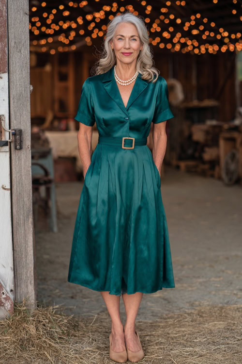 Full body of a mature woman over 50 wearing a satin tea-length dress in emerald green with short sleeves, pleated skirt, pearl necklace, and tan heels 