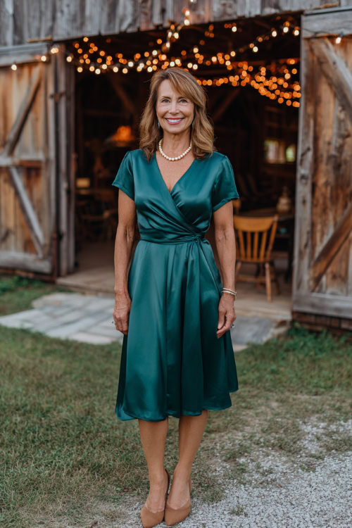 Full body of a mature woman over 50 wearing a satin tea-length dress in emerald green with short sleeves, pleated skirt, pearl necklace, and tan heels
