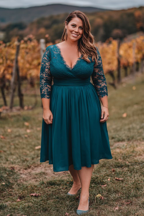 Full body of a plus-size woman in a deep teal dress with lace sleeves and flowing midi skirt, wearing matching heels and subtle makeup, posing at a fall vineyard wedding with warm-toned leaves 