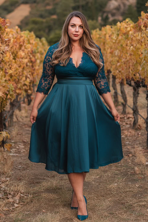Full body of a plus-size woman in a deep teal dress with lace sleeves and flowing midi skirt, wearing matching heels and subtle makeup, posing at a fall vineyard wedding with warm-toned leaves