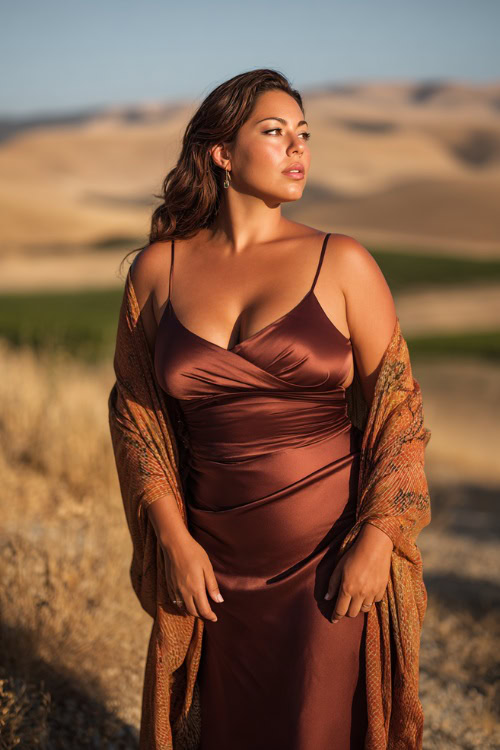 Full body of a plus-size woman in a mocha satin cowl neck slip dress with spaghetti straps, draped shawl over shoulders, standing at a golden hour vineyard wedding with rolling hills 