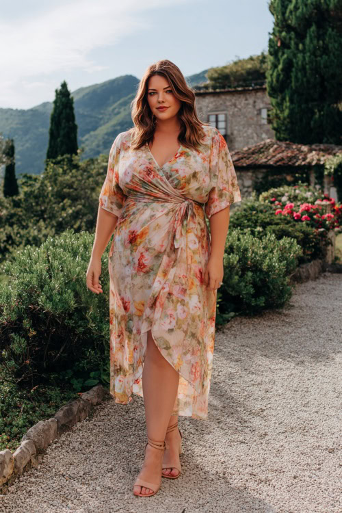Full body of a plus-size woman wearing a flowy floral wrap wedding guest dress with flutter sleeves and a midi hemline, paired with ankle-strap heels 