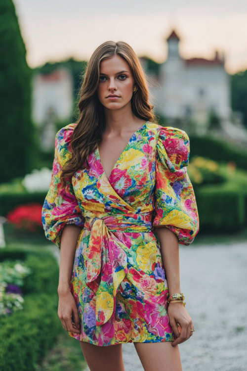 Full body of a woman in a bright floral print wrap dress with puff sleeves, espadrille sandals, posing at an outdoor wedding near a historic castle with gardens 