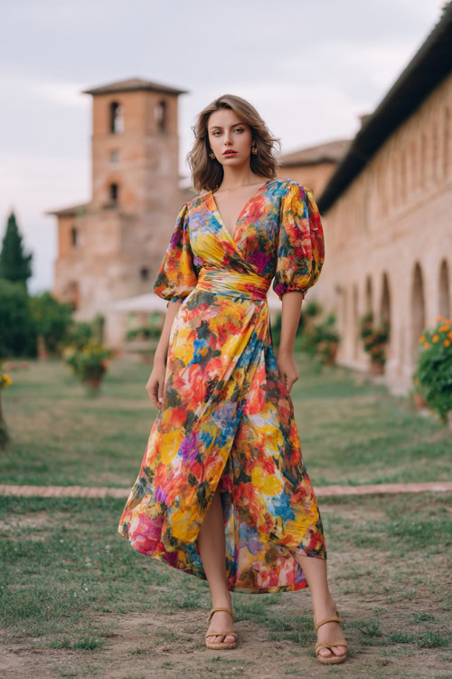 Full body of a woman in a bright floral print wrap dress with puff sleeves, espadrille sandals, posing at an outdoor wedding near a historic castle with gardens