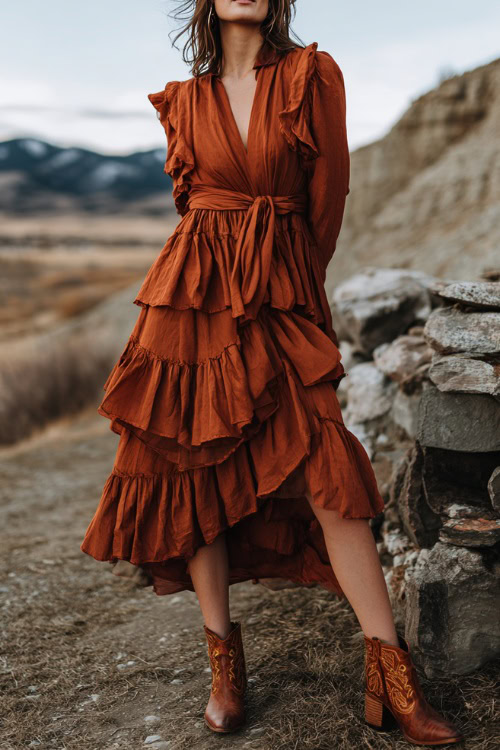 Full body of a woman in a burnt sienna ruffled midi dress with tie neckline and layered skirt, paired with ankle boots, standing near rustic fall wedding signage 