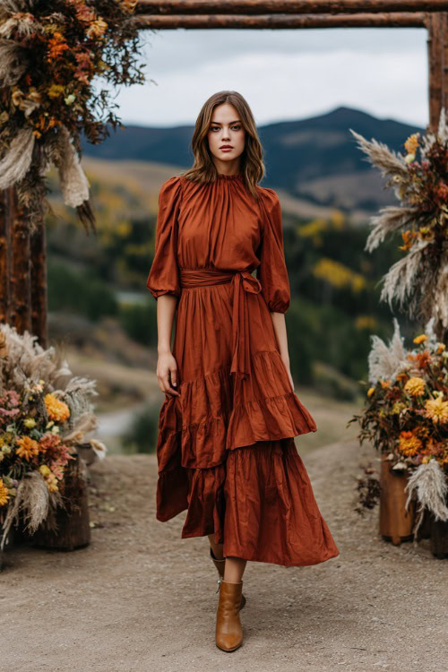 Full body of a woman in a burnt sienna ruffled midi dress with tie neckline and layered skirt, paired with ankle boots, standing near rustic fall wedding signage