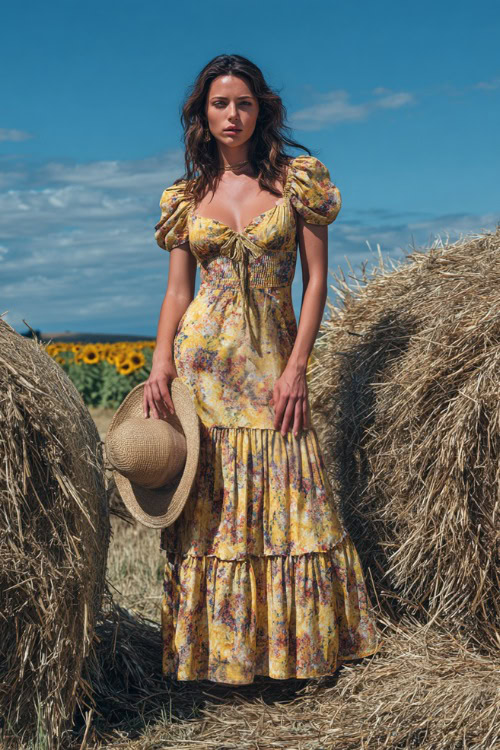 Full body of a woman in a floral maxi dress with cap sleeves, tiered skirt, and straw accessories, posing at a summer countryside wedding with hay bales and sunflowers 