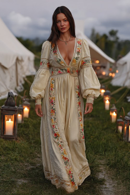 Full body of a woman wearing a bohemian style wedding guest dress with puff sleeves and floral embroidery, standing on a grassy lawn with white tents and candles in lanterns