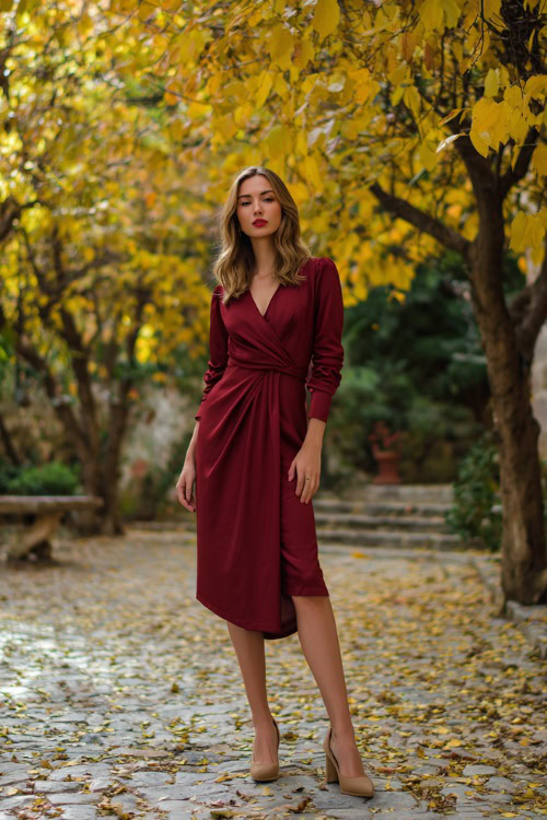 Full body of a woman wearing a long-sleeve midi wedding guest dress in deep burgundy with a wrap silhouette and suede block heels