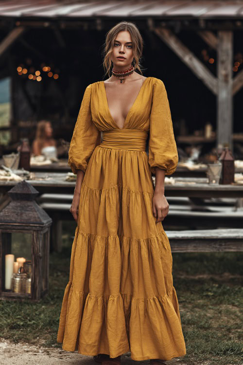 Full body of a woman wearing a mustard yellow wedding guest dress with tiered bell sleeves and a flowy skirt, standing at a rustic farm wedding with lanterns and wooden benches 