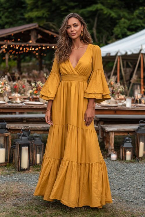 Full body of a woman wearing a mustard yellow wedding guest dress with tiered bell sleeves and a flowy skirt, standing at a rustic farm wedding with lanterns and wooden benches