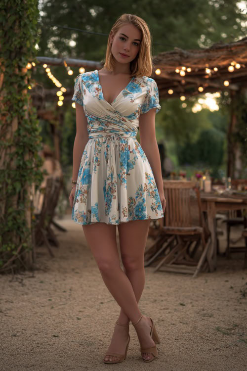Full body of a woman wearing a white and blue floral wrap dress with short sleeves, tan wedges, standing at a garden party wedding with string lights and wooden chairs 