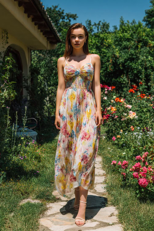 Full body of a young woman wearing a sleeveless floral chiffon wedding guest dress with a flowy skirt and strappy heels