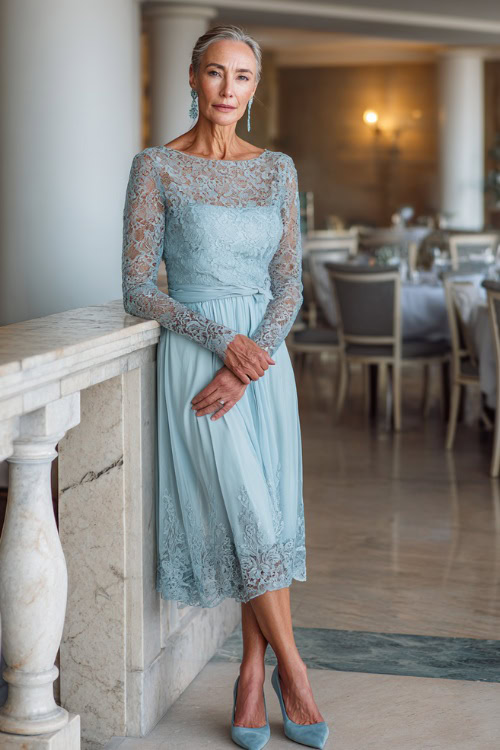 Full body of an elegant woman over 50 wearing a long-sleeve chiffon midi dress with lace details in light blue, matching earrings, and classic pumps 