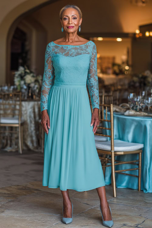 Full body of an elegant woman over 50 wearing a long-sleeve chiffon midi dress with lace details in light blue, matching earrings, and classic pumps