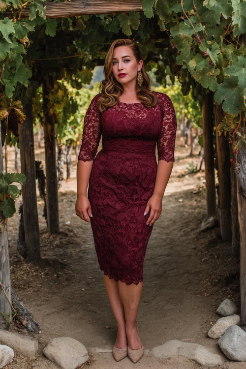 Plus-size woman in a burgundy lace midi dress with elbow-length sleeves and scalloped edges, wearing classic heels and drop earrings, posing under a vine-covered arch at a vineyard wedding 