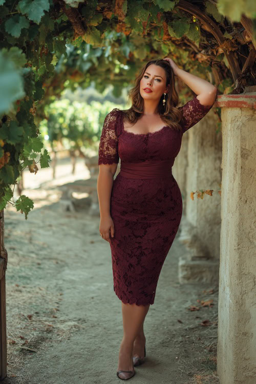 Plus-size woman in a burgundy lace midi dress with elbow-length sleeves and scalloped edges, wearing classic heels and drop earrings, posing under a vine-covered arch at a vineyard wedding