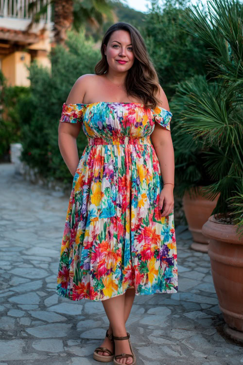 Plus-size woman in a colorful floral off-the-shoulder midi wedding guest dress with tiered skirt and espadrille sandals, posing near a tropical beachside ceremony 