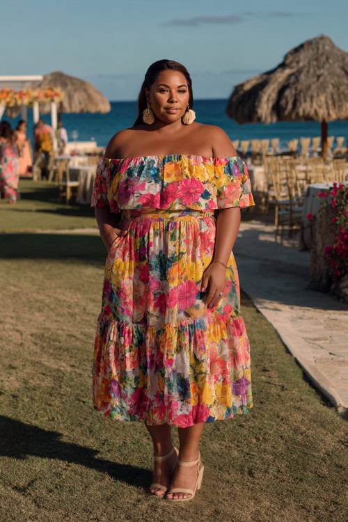 Plus-size woman in a colorful floral off-the-shoulder midi wedding guest dress with tiered skirt and espadrille sandals, posing near a tropical beachside ceremony 