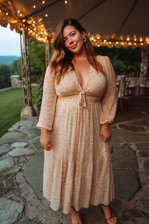 Plus-size woman in a flowy long-sleeve A-line dress with a subtle floral print and tie neckline, wearing small hoop earrings and low heels 