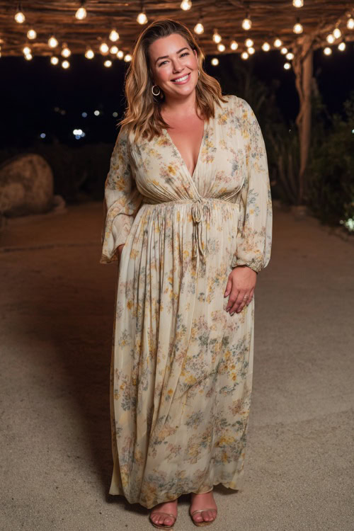 Plus-size woman in a flowy long-sleeve A-line dress with a subtle floral print and tie neckline, wearing small hoop earrings and low heels