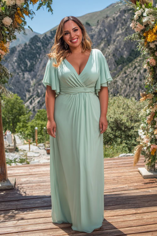 Plus-size woman in a mint green chiffon maxi wedding guest dress with flutter sleeves and a V-neck 