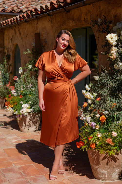 Plus-size woman in a rust-colored satin wrap midi dress with short flutter sleeves and pointed heels, posing in a courtyard with terracotta tiles and wedding florals