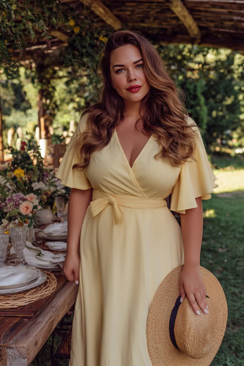 Stylish plus-size woman wearing a pastel yellow wedding guest dress with flutter sleeves and a belt at the waist, straw hat in hand, standing near a spring wedding garden setup