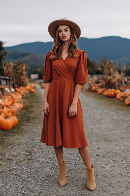 Stylish woman in a burnt orange A-line midi dress with puff sleeves, tan ankle boots, and a felt hat, standing on a path lined with pumpkins and rustic fall wedding decor 