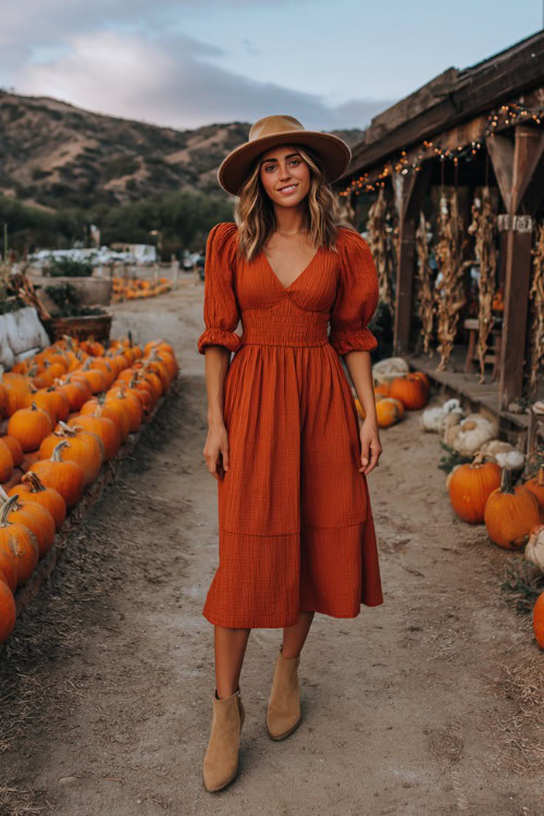 Stylish woman in a burnt orange A-line midi dress with puff sleeves, tan ankle boots, and a felt hat, standing on a path lined with pumpkins and rustic fall wedding decor 